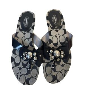 Coach Black & Silver Signature Print Sandals w/ Bow Accent‎
